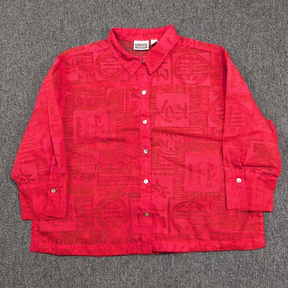 Chico's Design Vintage Y2K Burnout Shirt 3 Red Linen Blend Asian Fusion Sheer